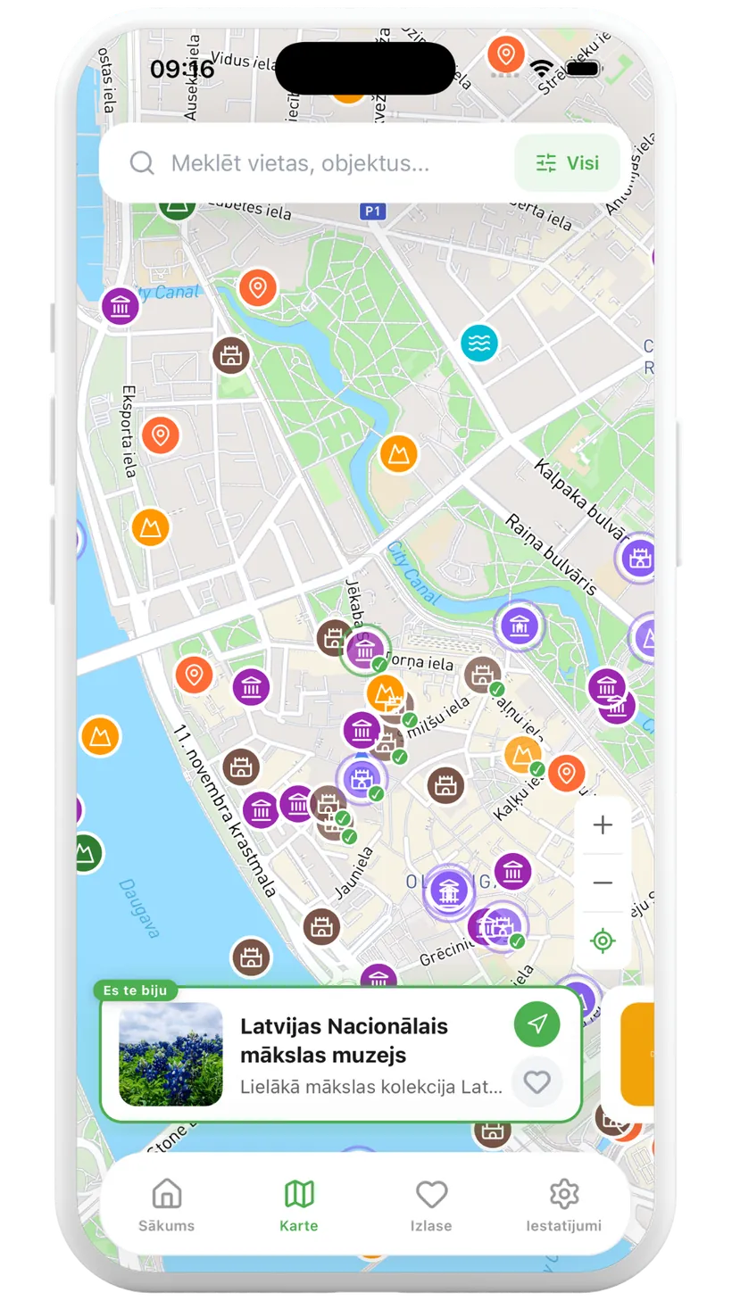 Latvia Travel Tales app map view with route markers on iPhone