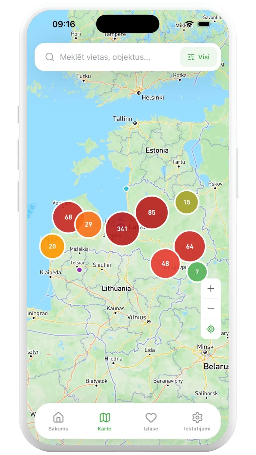 Latvia Travel Tales aplikācija - interaktīva 250+ Latvijas apskates vietu karte